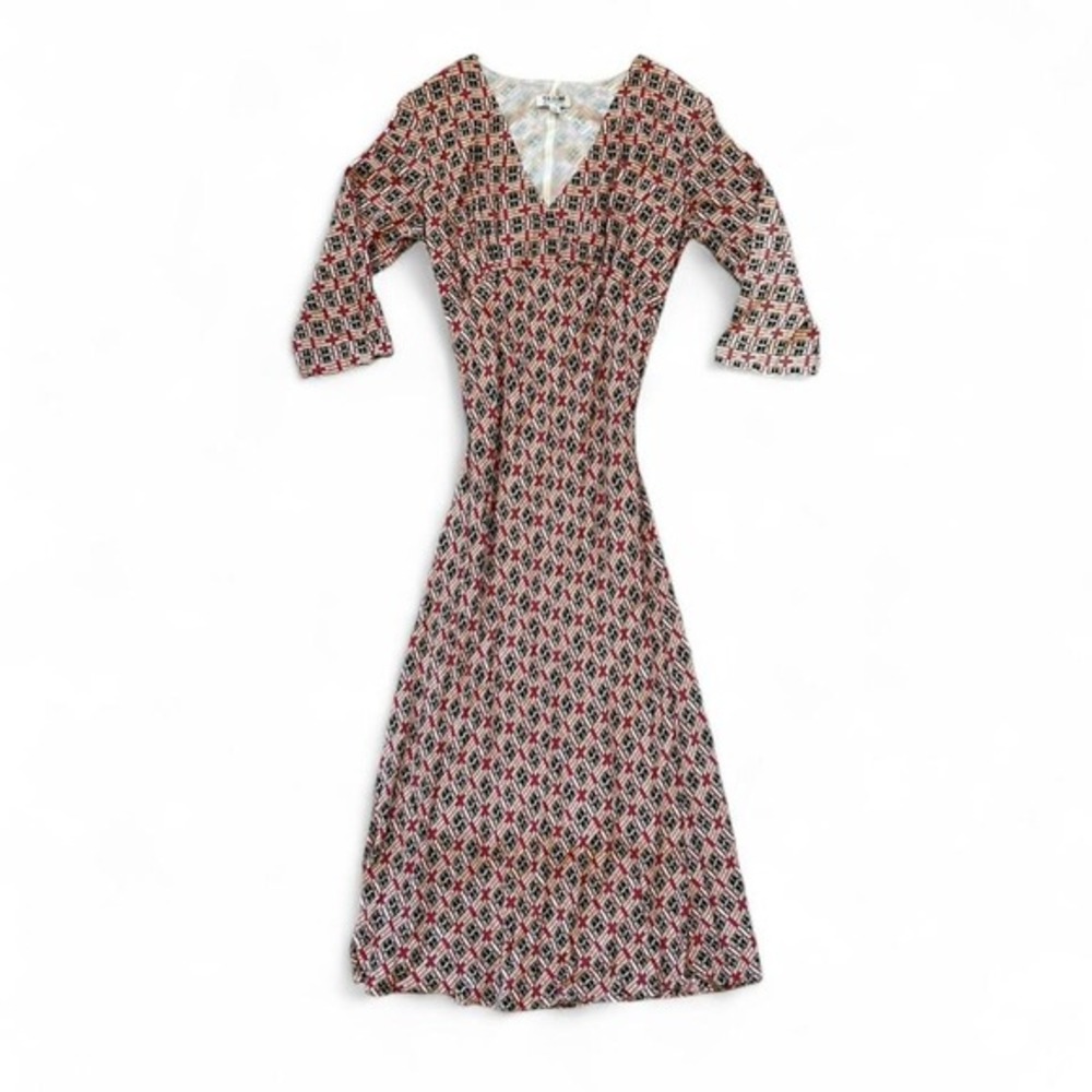 VTG V neck 3/4 sleeve plaid multicolor prairie house homemaker maxi dress